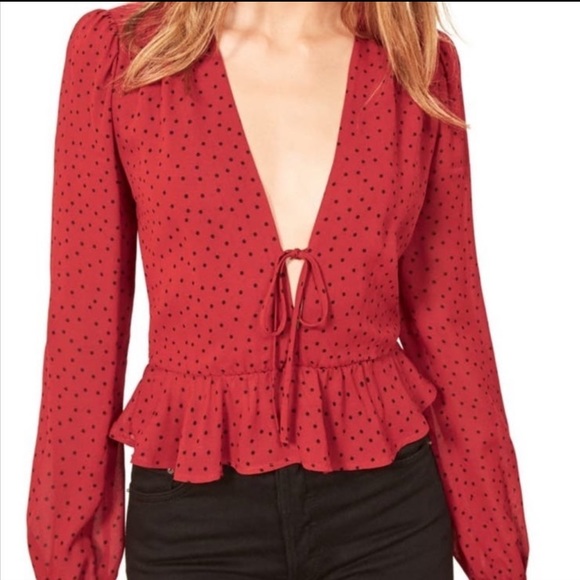 Gorgeous Reformation Nikki Red Polka Dot Blouse Size XS - Picture 1 of 11